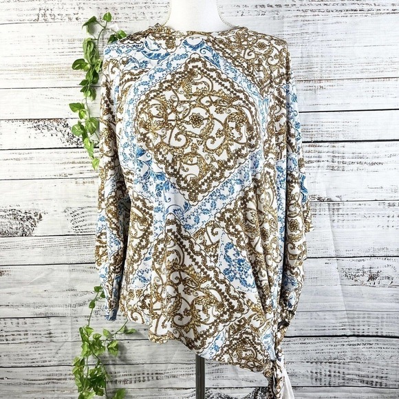 Rouge Collection Tunic Poncho Plus 1X Blue Gold Floral Boho Stretch Lagenlook - Picture 1 of 13
